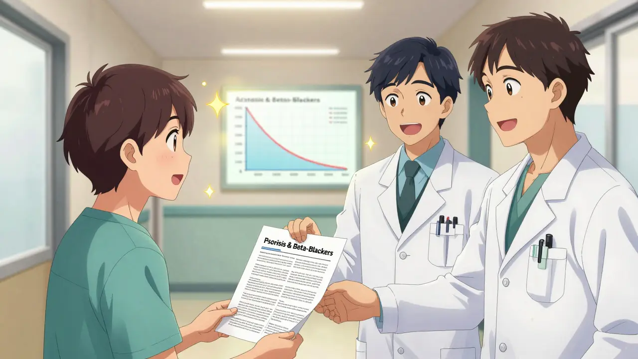 Patient sharing an article with doctors who are discussing a safer blood pressure medication alternative.