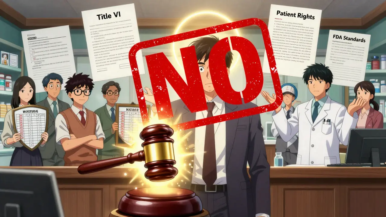 Patient standing confidently as legal documents and a gavel defeat a 'NO' stamp in a pharmacy setting.