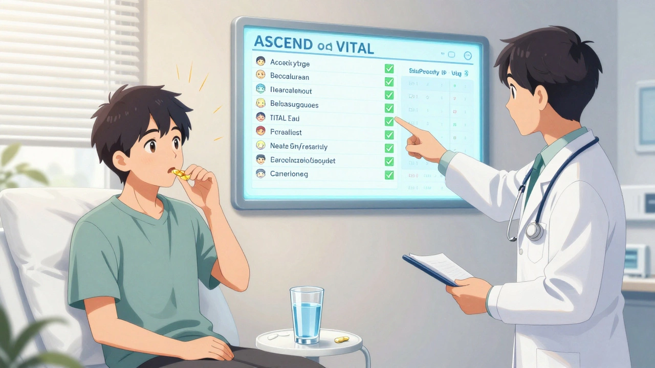 Patient taking fish oil and aspirin with doctor showing reassuring trial data.