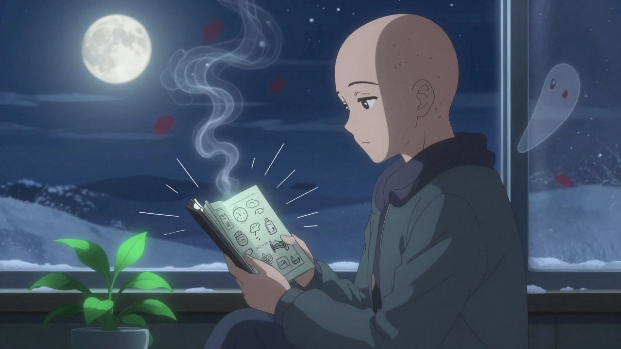 Person at window with healed scalp, journal in hand, fading flakes symbolizing controlled dermatitis.