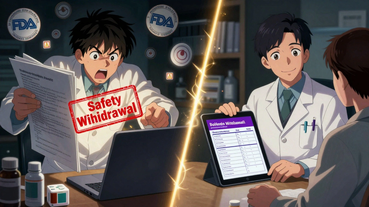 Pharmacist comparing drug safety data from Orange and Purple Books in a split-panel manga scene.