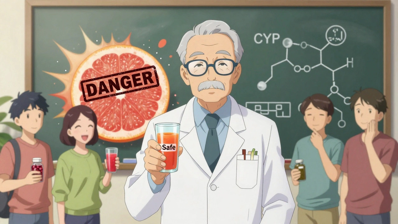 Pharmacist explains cranberry safety while grapefruit explodes in background