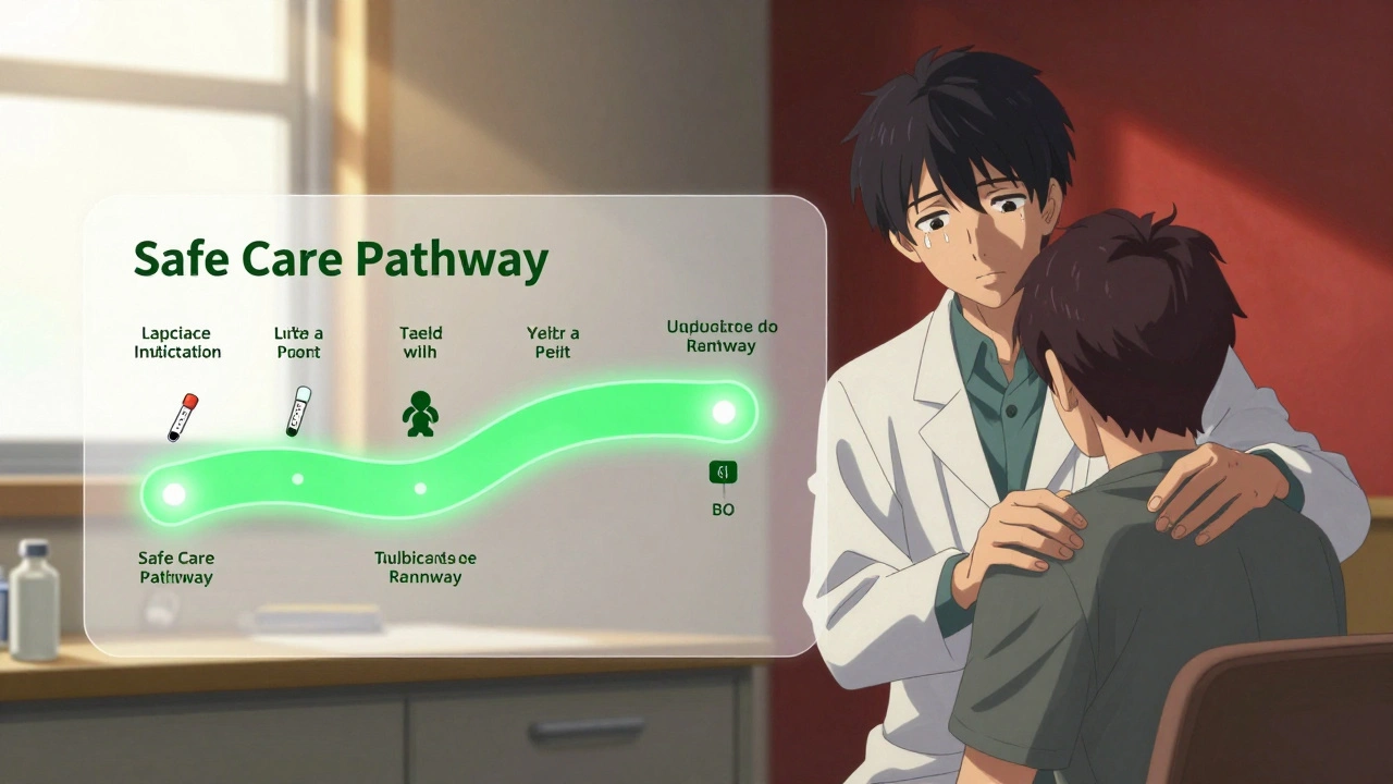 Pharmacist guides patient toward safe medication management with timeline of corrected care path