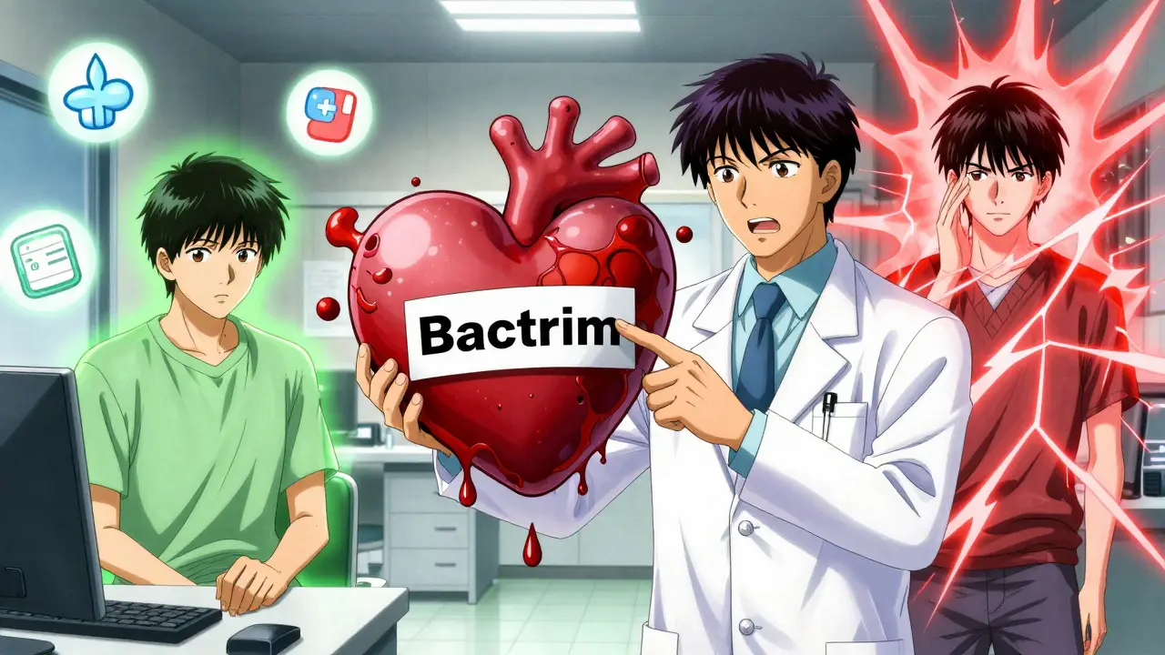 Pharmacist warning about Bactrim while contrasting safe and risky antibiotics with glowing auras in a clinic setting.
