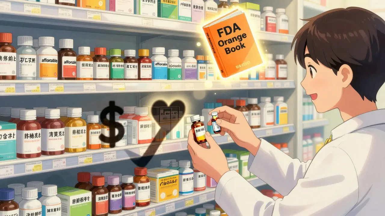 Pharmacy shelf with colorful generic pills and a floating FDA Orange Book, patient reaching for medication.