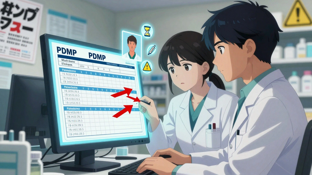 Pharmacy team reviews overlapping opioid prescriptions on digital PDMP system with red warning flags