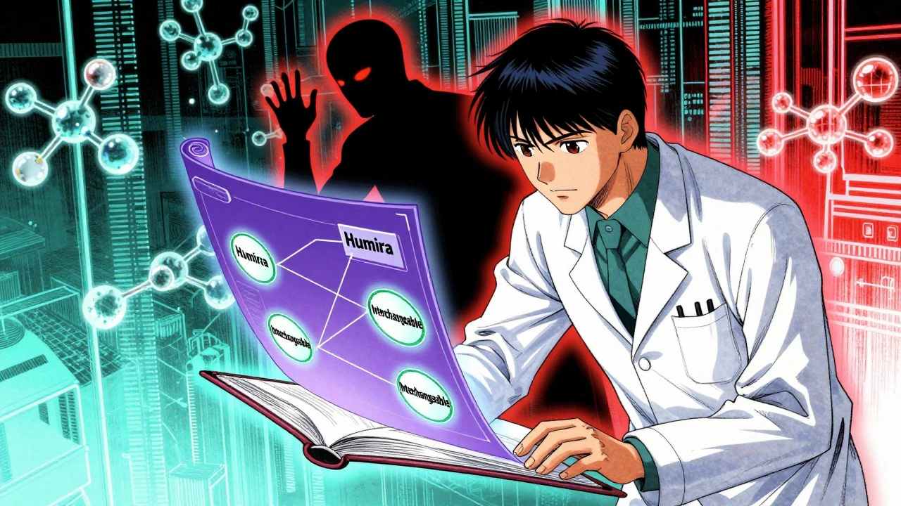 Scientist analyzing biosimilar connections to a reference biologic using a floating Purple Book interface.