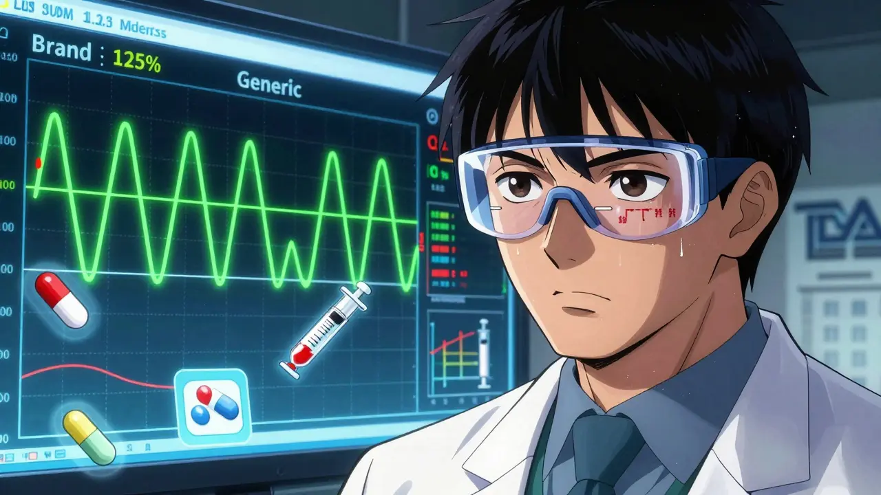 Scientist studying bioequivalence curves on a digital screen, surrounded by medical icons in manga style.