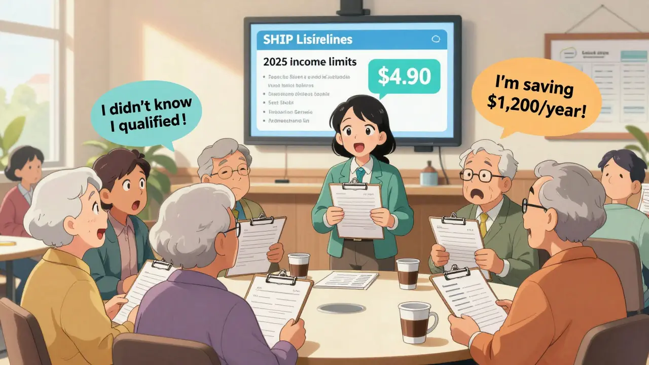 Seniors gathering with counselor at community center, forms and screens showing Extra Help info.