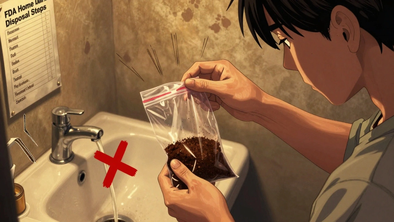 Someone mixing expired pills with coffee grounds in a sealed bag for safe disposal.