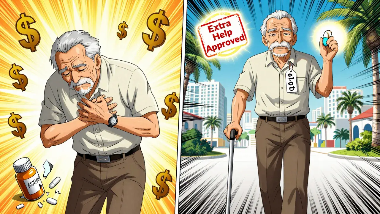 Split image: man in pain with high drug costs vs. healthy with .60 pill, manga-style contrast.