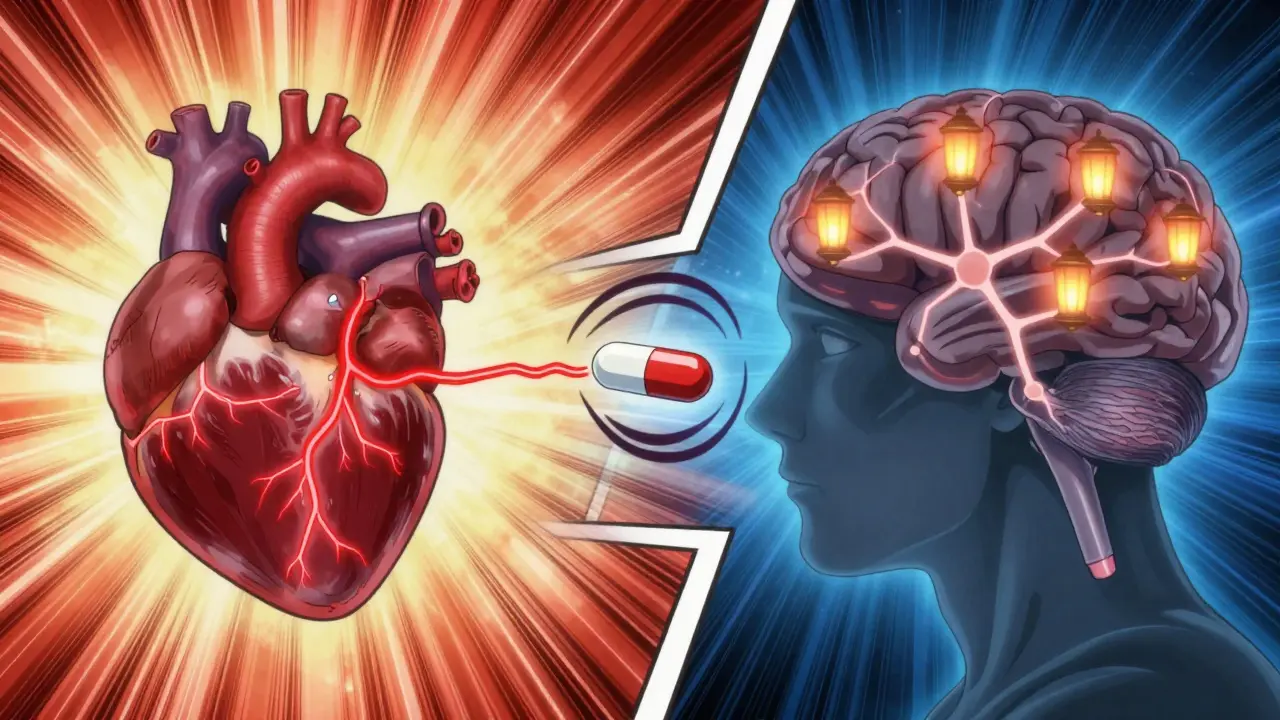 Split image of a heart with prolonged electrical lines and a dimming brain, connected by a dangerous pill.