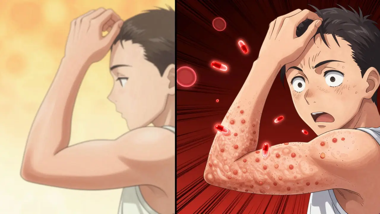 Split image showing healthy skin transforming into psoriasis plaques due to beta-blocker molecules disrupting skin cells.