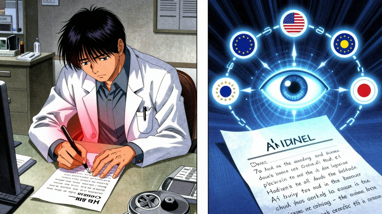 Split manga panel: doctor&#039;s note transforms into global safety alert, contrasting old reporting with Sentinel&#039;s AI detection.