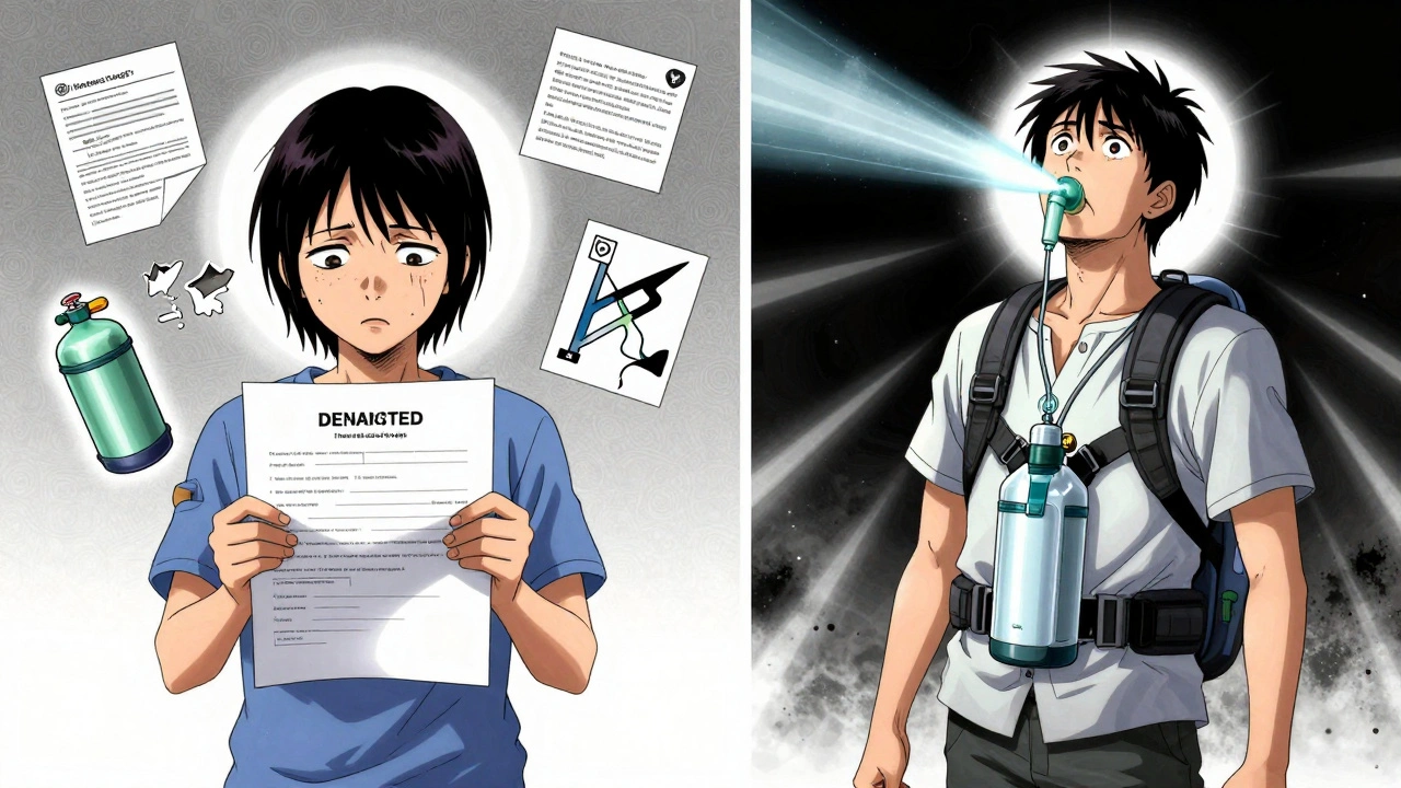 Split scene: patient facing insurance denial on one side, holding portable oxygen device with hope on the other.
