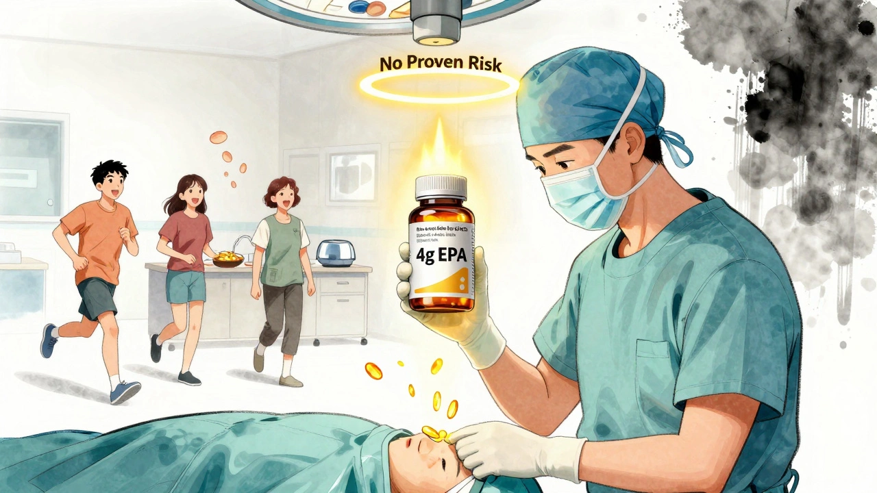 Surgeon near fish oil bottle as warning fades, patients living healthily in background.