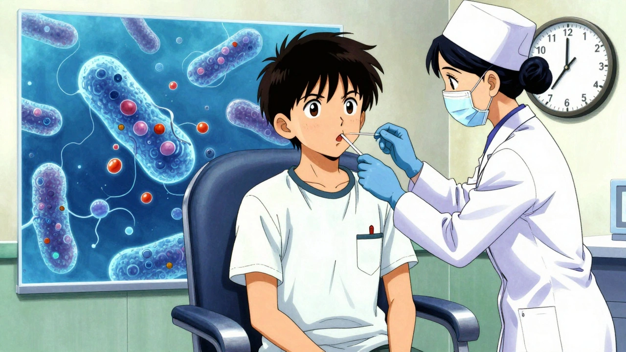 Teenager receiving a throat swab with glowing penicillin molecules destroying bacteria in the background.
