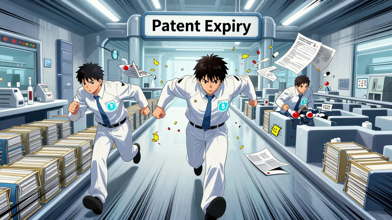 Three generic drug teams racing toward patent expiry finish line in a dynamic manga-style scene.