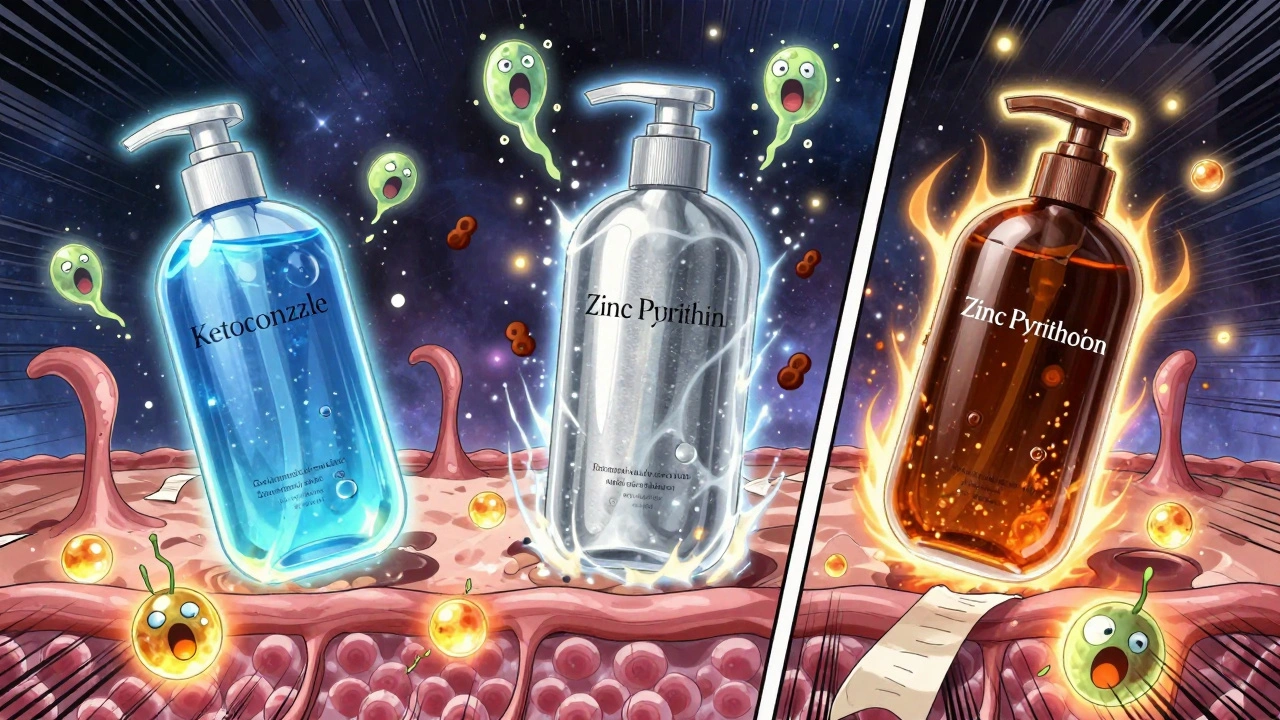 Three glowing medicated shampoos battling yeast particles in a cosmic scalp landscape.