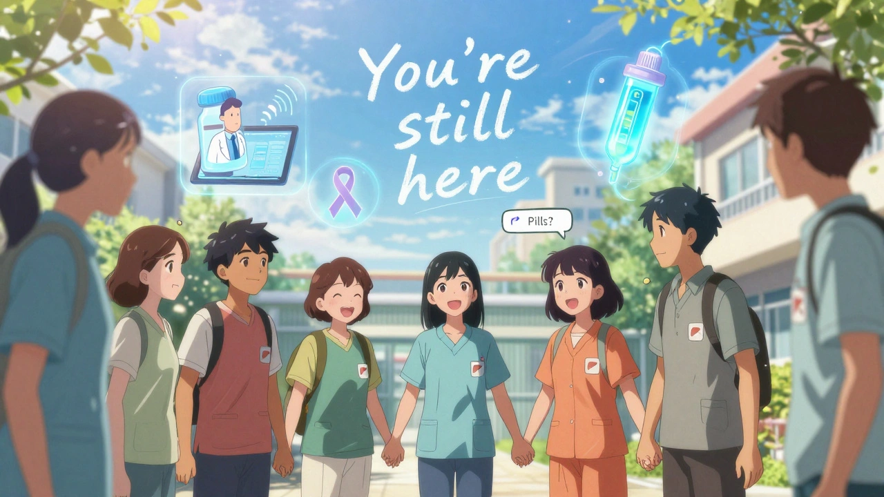 Transplant patients holding hands in a clinic courtyard with floating medical tech icons.