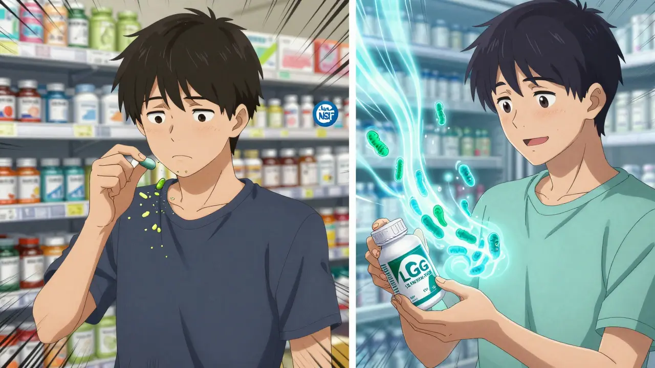 Two contrasting scenes: one person taking a useless probiotic pill while bacteria die, another taking a verified, high-CFU supplement with glowing benefits.