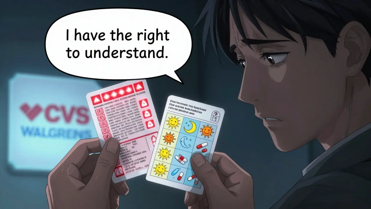 Two medication labels side by side: one chaotic text, one simple pictogram chart with sun and moon icons.