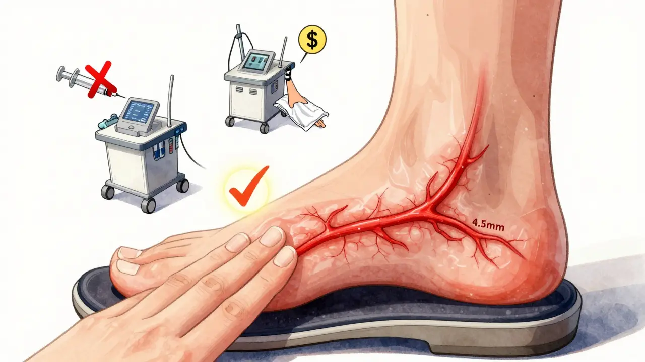 Ultrasound view of thickened plantar fascia with healing icons, hand placing orthotic into shoe.