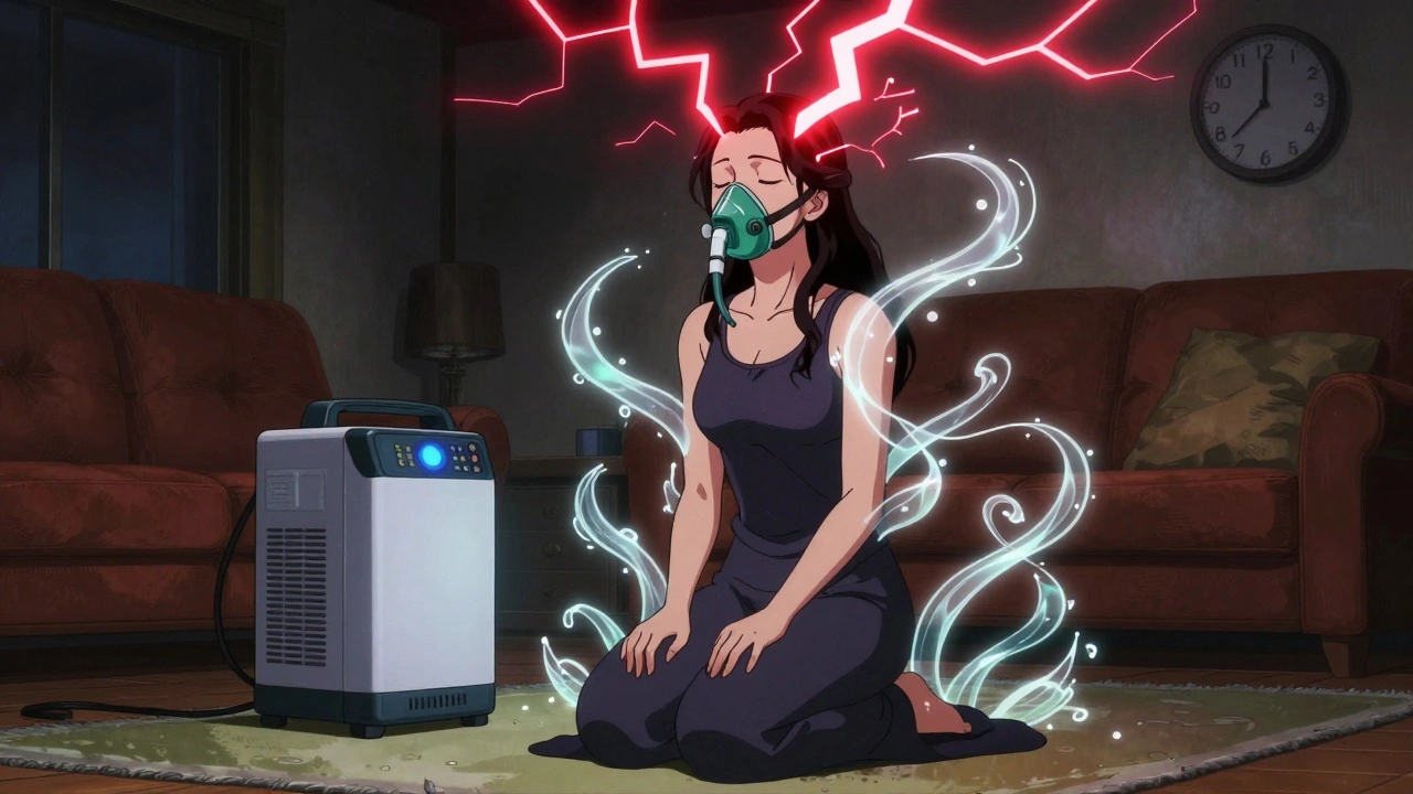 Woman kneeling with oxygen mask, glowing oxygen tendrils calming neural pain above her head at 2:17 AM.