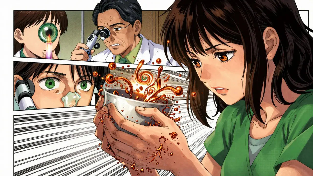 Woman’s trembling hand releasing copper sparks, doctors examining her eye and urine sample.