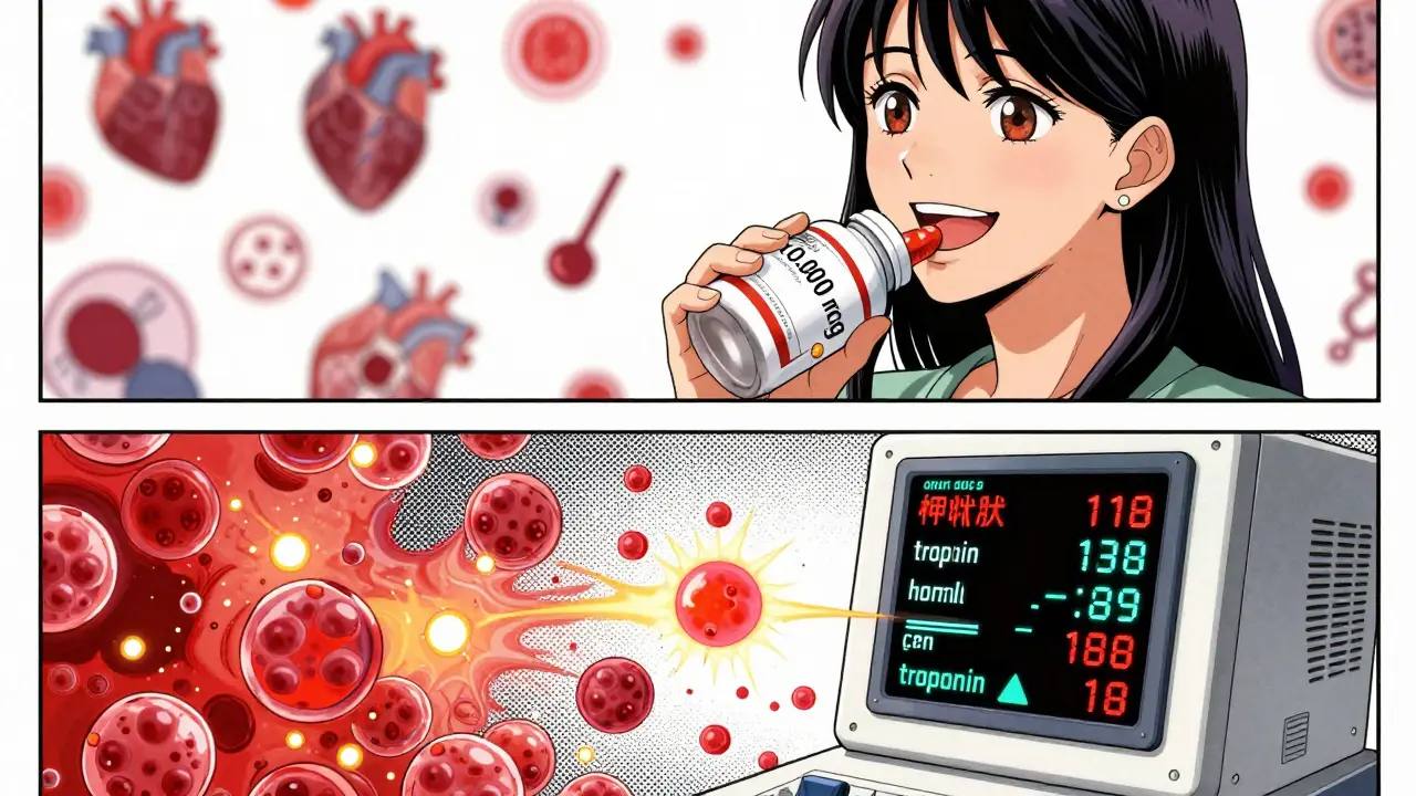 Woman taking high-dose biotin pills while lab results glitch with distorted medical values.