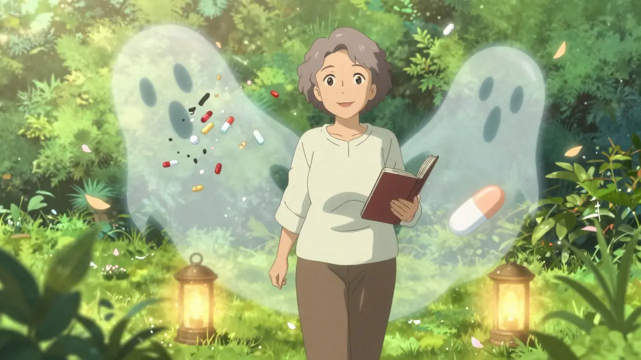 Woman walking in sunlight as old meds crumble, replaced by glowing safer alternatives.