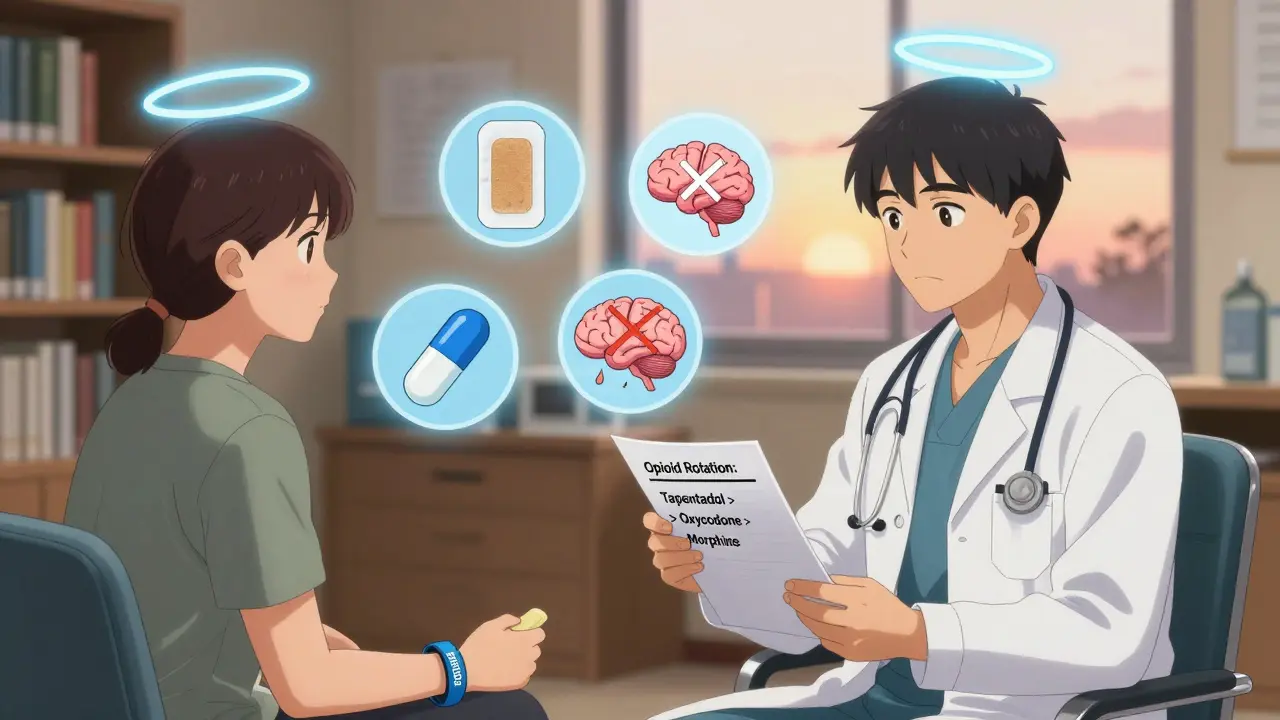 A doctor and patient discussing opioid rotation with medical icons floating in the background.