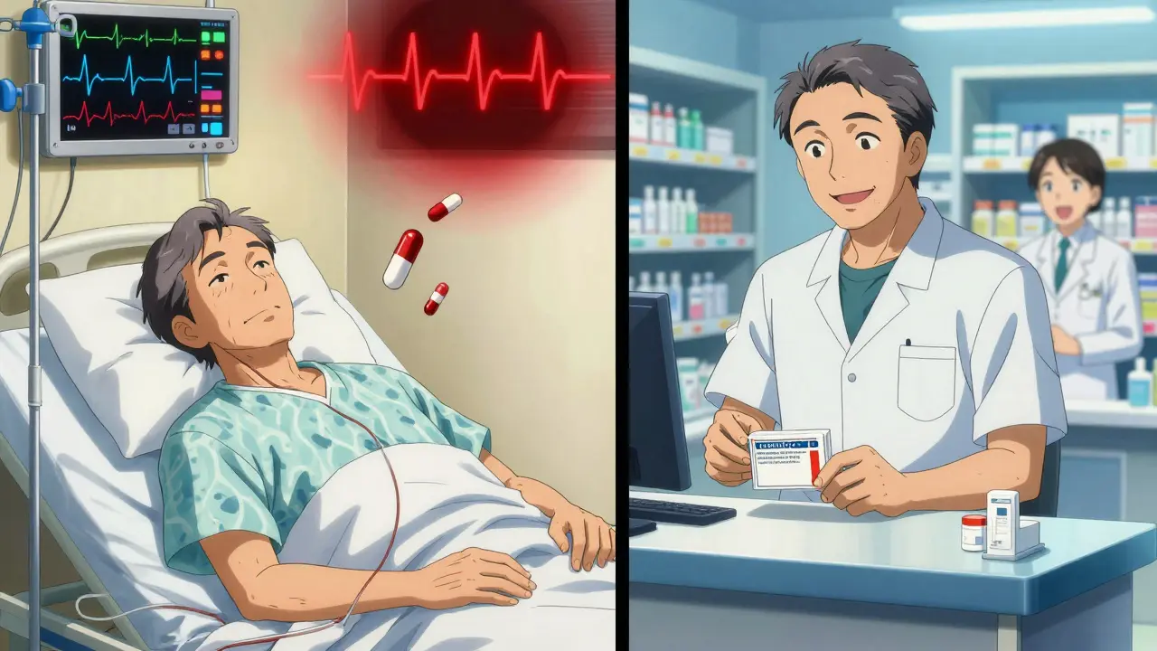 A man in hospital bed with flatlining EKG vs. same man happily receiving dangerous meds at pharmacy.