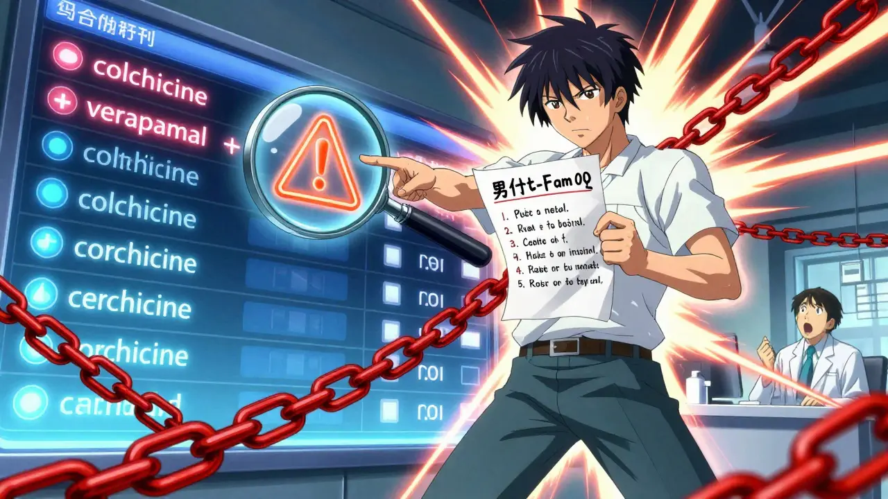 A patient stands against a wall of drug alerts, breaking chains as they expose a deadly combination.