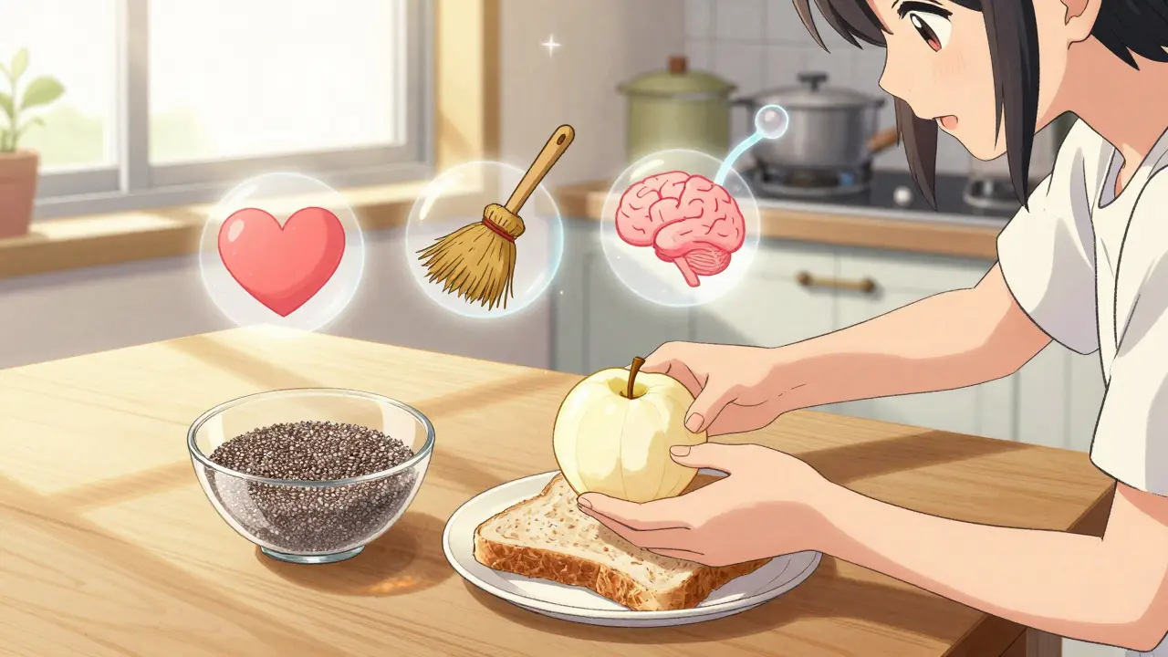 A person preparing fiber-rich foods with symbolic icons floating above, in soft manga art style.