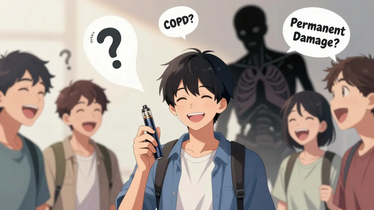 A smiling teen’s shadow reveals skeletal lungs with warning labels above.