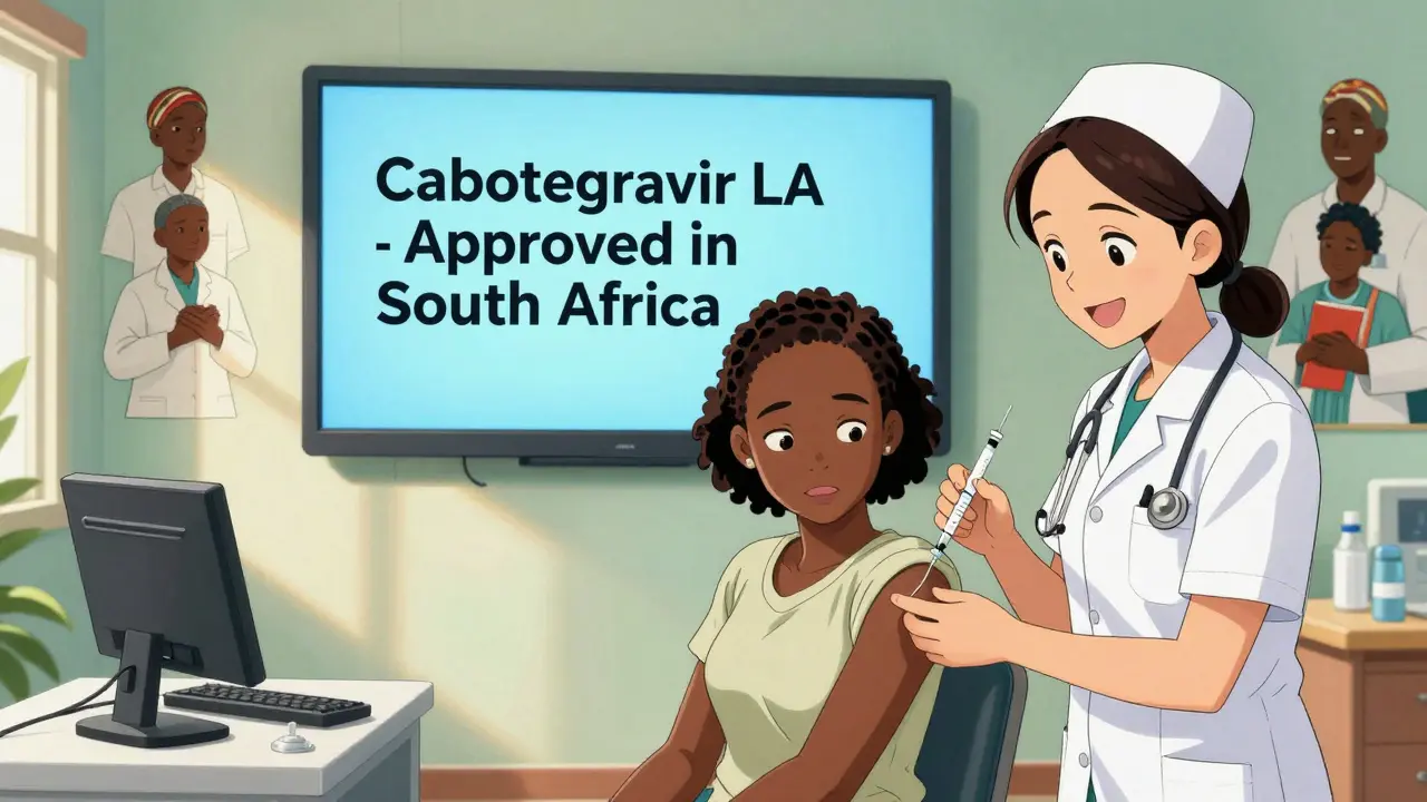 A woman receives a long-acting HIV injection in a rural African clinic with a hopeful nurse.