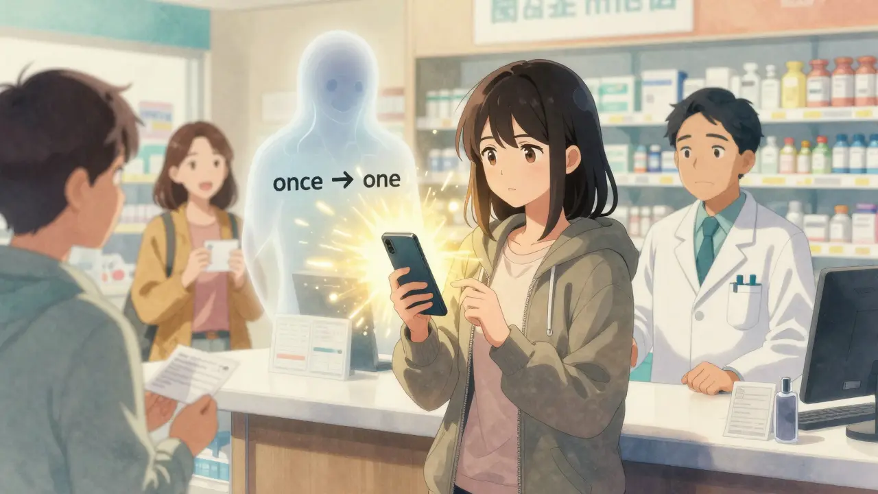 A woman uses a video interpreter at a pharmacy as a mistranslated label fades away, replaced by correct instructions under golden light.