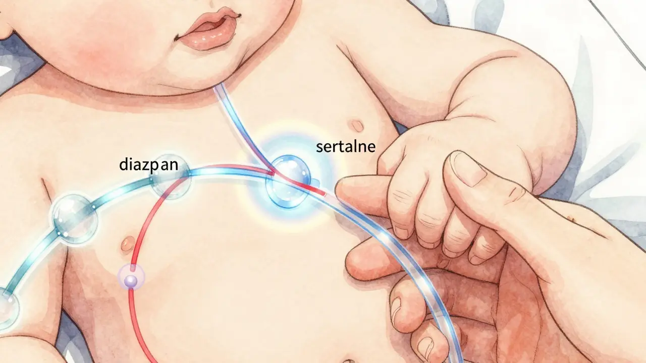 Baby’s hand holding mother’s finger as molecular chains of drugs flow into breast milk with pH gradient effects.
