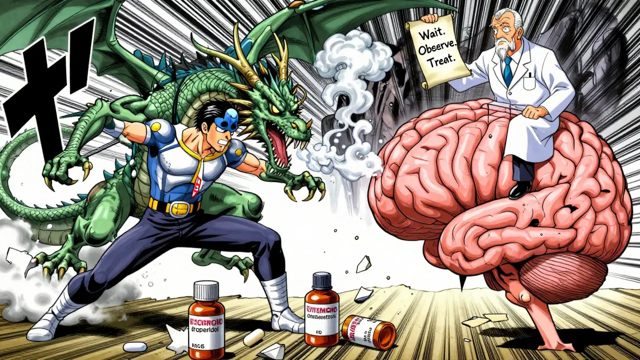 Brain battle: serotonin hero fights opioid dragon, doctor stands with evidence scroll, broken meds below.