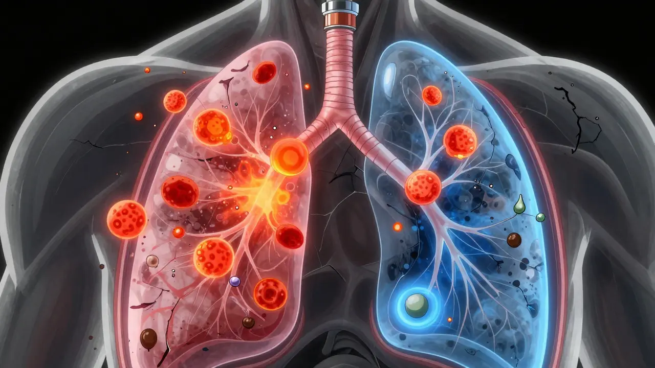 Cross-section of a damaged lung with inflammatory cells and vape chemicals inside airways.