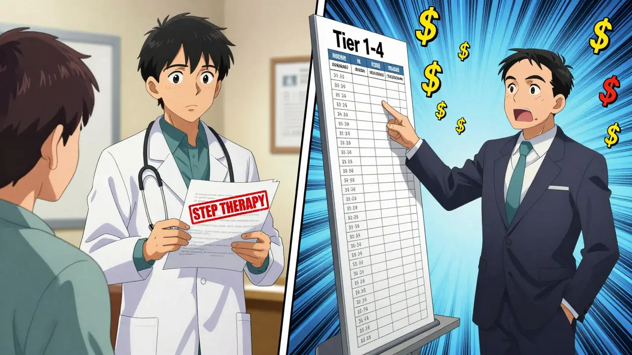 Doctor and insurer facing off with a tiered drug formulary chart between them.