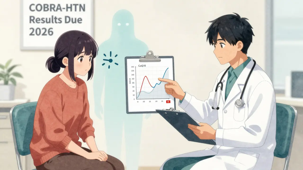 Doctor and patient reviewing blood pressure trends with a 2026 research deadline poster in background.