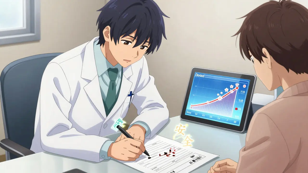 Doctor writing a medical justification with glowing ink as an approval meter rises on a tablet.