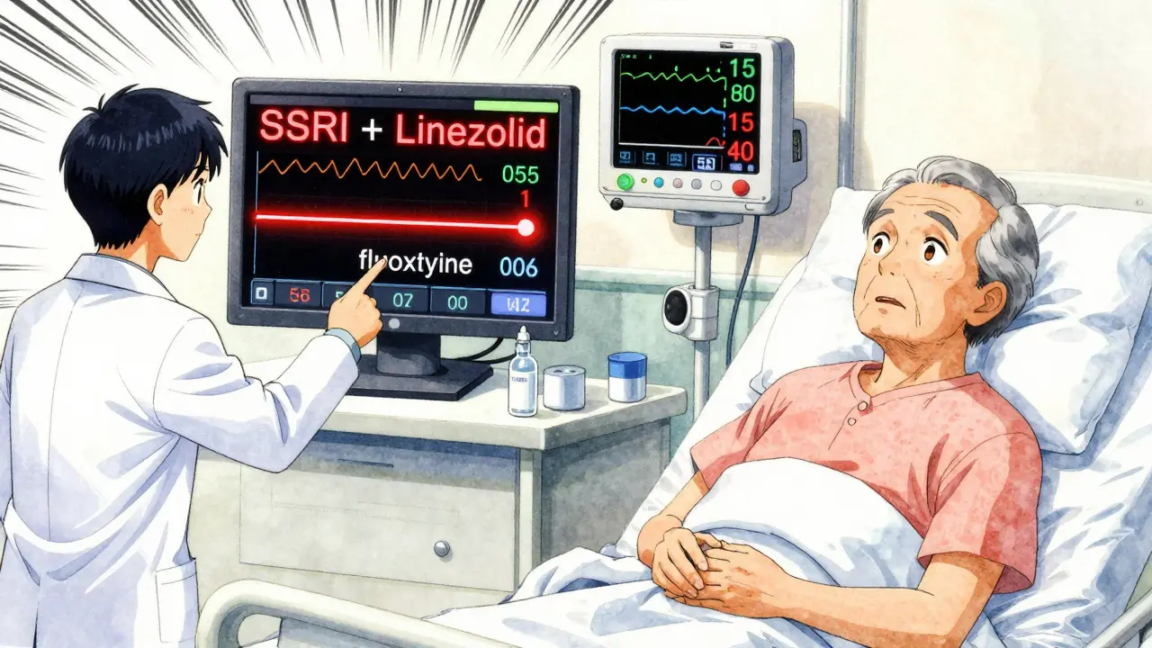 Elderly patient in hospital with pharmacist pointing at drug interaction warning on digital screen.