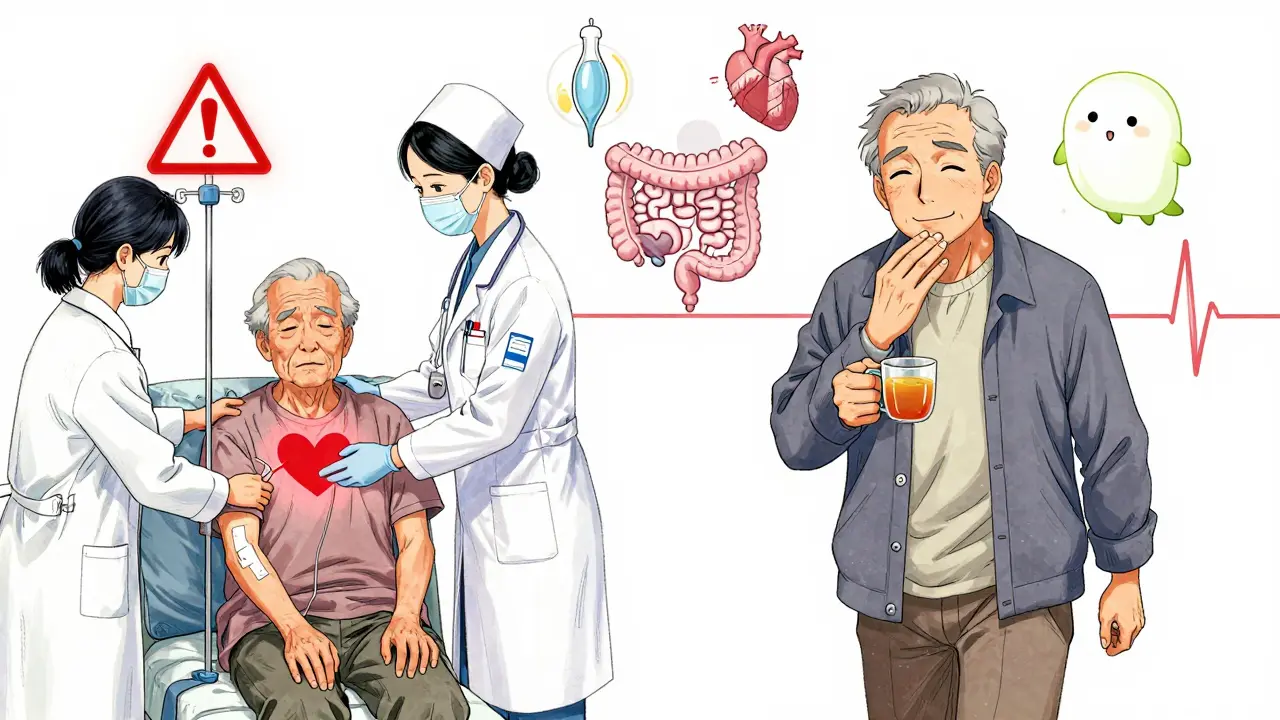 Elderly patient with heart warning on left, healed and smiling on right, with tolerance spirit above.