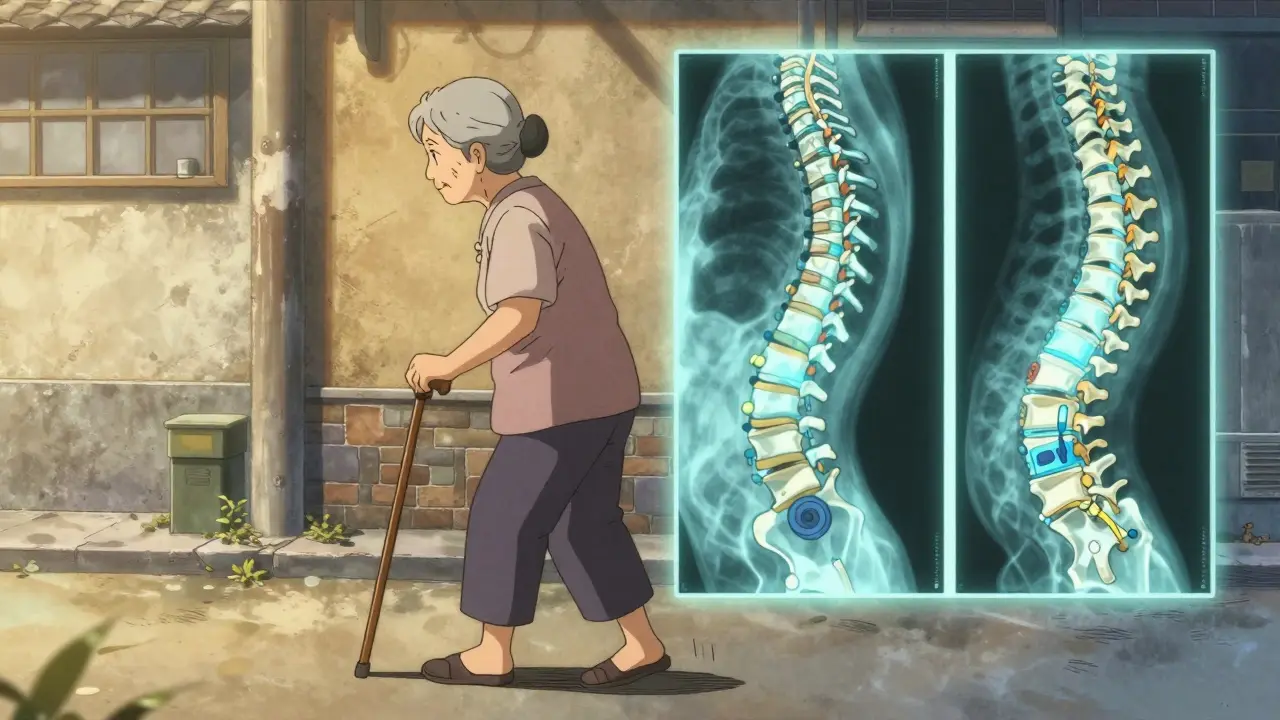 Elderly woman walking with cane, spine degeneration shown in transparent panels.