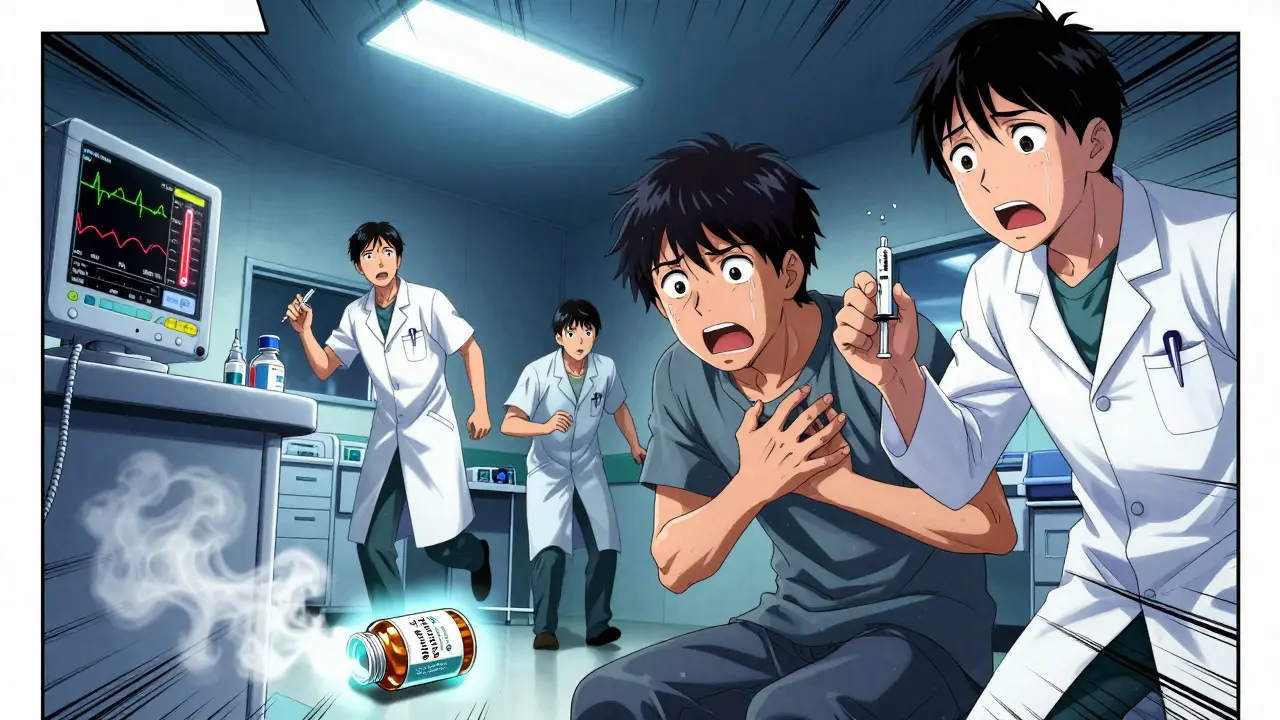 Emergency room scene with a patient in distress, medical staff rushing in, and a supplement bottle rolling away under flashing monitors.