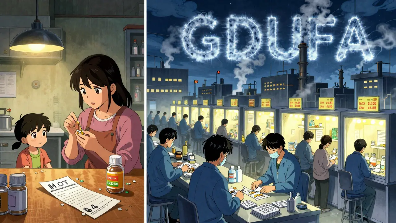 Family taking cheap generic pills while factory workers pack them in manga scene