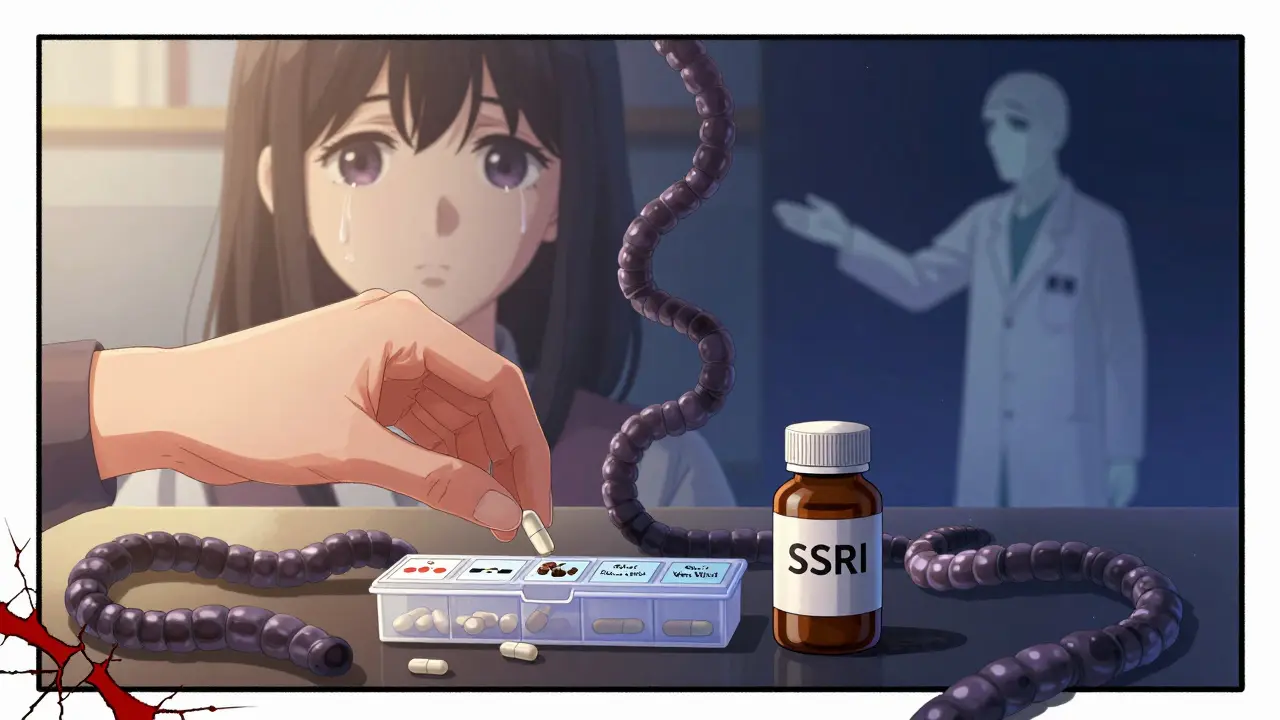Hand placing herbal supplement next to SSRI bottle as serotonin molecules coil like a noose.